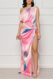Pink Sexy Simplicity Tie Dye High Opening Printing One Shoulder Printed Dress Dresses