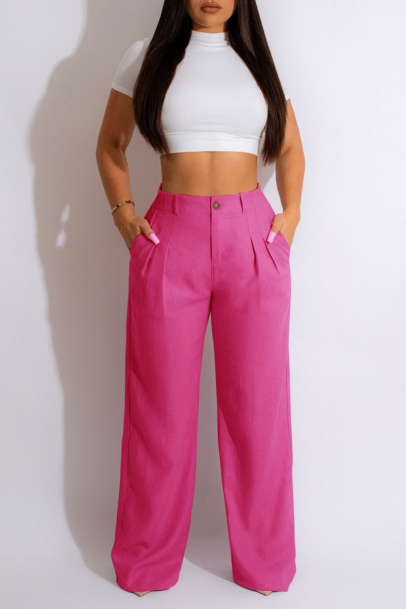 Work Simplicity Solid With Belt Loose High Waist Straight Solid Color Bottoms(11 Colors)