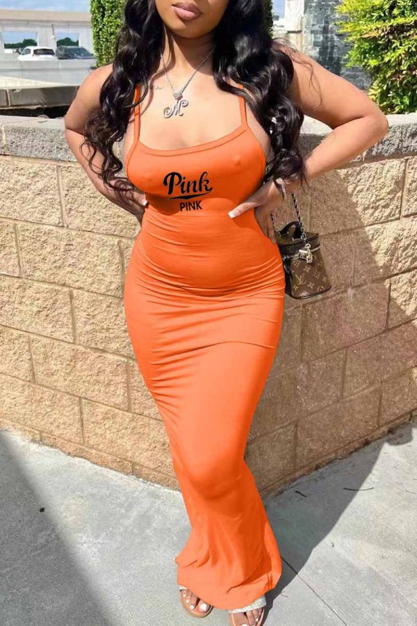 Orange Sexy Print Backless Slit Spaghetti Strap One Step Skirt Dresses