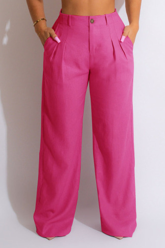 Rose Red Casual Solid Patchwork High Waist Straight Solid Color Bottoms
