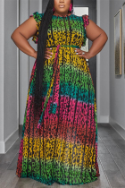 Colour Plus Size Gradual Change Leopard Flounce Printing Mandarin Collar Printed Dress