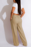 Khaki Casual Solid Patchwork High Waist Straight Solid Color Bottoms