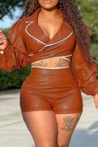 Orange Casual Solid Patchwork Turndown Collar Long Sleeve Two Pieces
