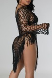 Black Sexy Solid Tassel Hollowed Out See-through Asymmetrical Swimwears Cover Up
