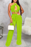 Light Green Sexy Solid Bandage Hollowed Out Patchwork Backless Fold Halter Sleeveless Two Pieces