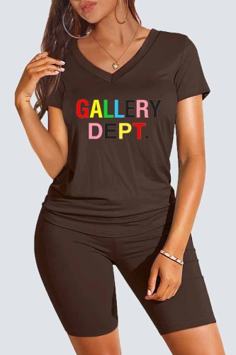 Coffee Casual Print Letter V Neck Short Sleeve Two Pieces
