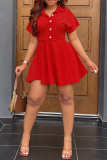 Red Casual Solid Patchwork Turndown Collar Short Sleeve Dress