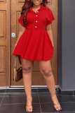 Red Casual Solid Patchwork Turndown Collar Short Sleeve Dress