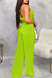 Light Green Sexy Solid Bandage Hollowed Out Patchwork Backless Fold Halter Sleeveless Two Pieces