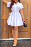 White Casual Solid Patchwork Turndown Collar Short Sleeve Dress