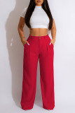 Tangerine Red Casual Solid Patchwork High Waist Straight Solid Color Bottoms