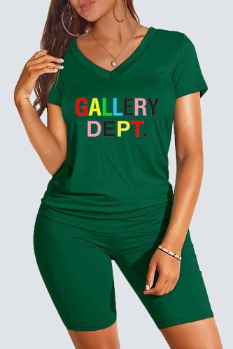 Green Casual Print Letter V Neck Short Sleeve Two Pieces