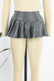 Grey Sexy Street Solid Patchwork Fold High Waist Type A Solid Color Bottoms