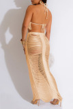 White Sleeveless Hollowed Out Fringed Cami Crop Top and Maxi Skirt Casual Slim Fit Vacation Two Piece Dress