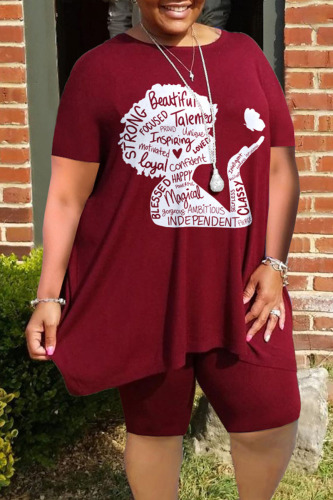 Burgundy Casual Street Print Patchwork O Neck Plus Size Two Pieces