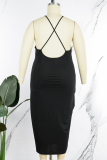 Black Sexy Solid Backless Spaghetti Strap Sleeveless Dress Plus Size Dresses