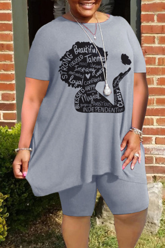 Grey Casual Street Print Patchwork O Neck Plus Size Two Pieces