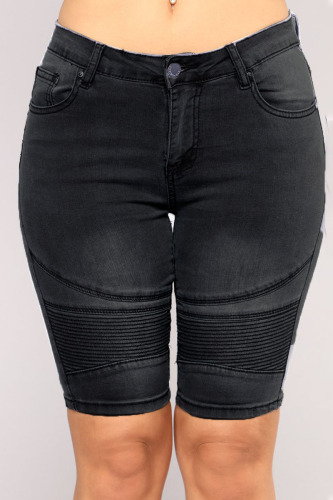 Black Street Solid Patchwork Fold High Waist Denim Shorts