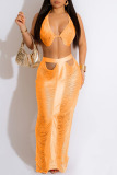 Orange Sleeveless Hollowed Out Fringed Cami Crop Top and Maxi Skirt Casual Slim Fit Vacation Two Piece Dress