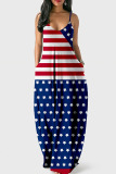 Red Stripe Flag Stars Striped Print Floor Length Sleeveless Cami Maxi Dress