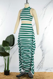 Green Casual Striped Print Patchwork Flounce O Neck Sleeveless Two Pieces