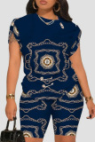 Dark Blue Casual Street Print Patchwork O Neck Short Sleeve Two Pieces