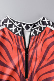Brick Red Casual Print Patchwork Zipper Collar Long Sleeve Two Pieces