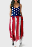 Red White Flag Stars Striped Print Floor Length Sleeveless Cami Maxi Dress