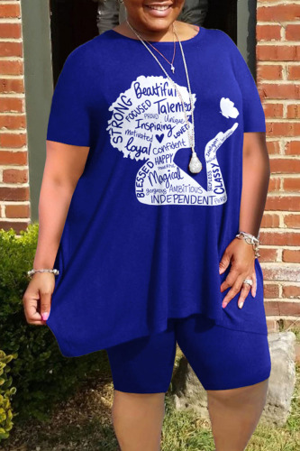 Blue Casual Street Print Patchwork O Neck Plus Size Two Pieces