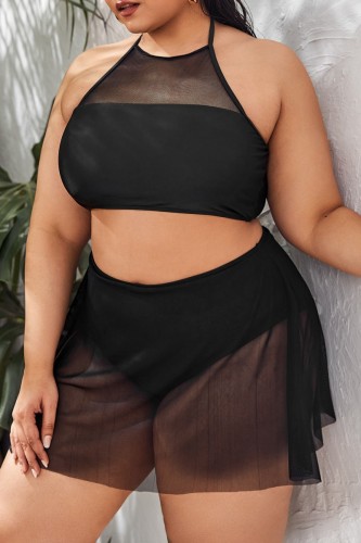 Black Sexy Solid Patchwork Backless Halter Plus Size Swimwear (With Paddings)