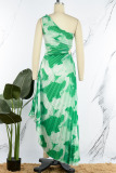 Green Street Print Patchwork Fold Asymmetrical Oblique Collar Straight Dresses