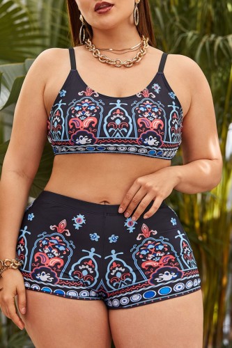 Black Sexy Print Backless Spaghetti Strap Plus Size Swimwear (With Paddings)