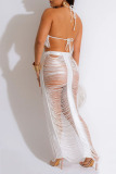 White Sexy Solid Tassel Hollowed Out Patchwork Halter Sleeveless Two Pieces