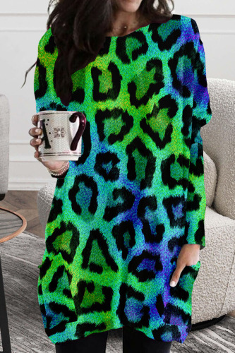 Green Casual Print Leopard Patchwork O Neck Irregular Dress Dresses