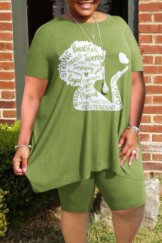 Green Casual Street Print Patchwork O Neck Plus Size Two Pieces