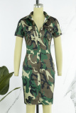 Green Casual Camouflage Print Patchwork Turndown Collar Short Sleeve Dress