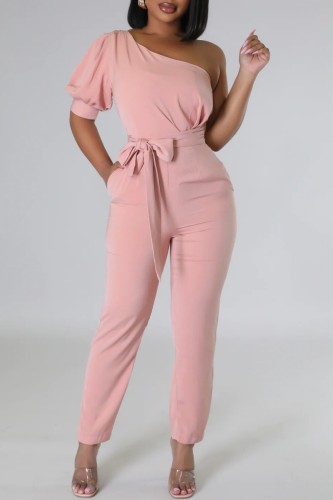 Pink Casual Solid Backless Oblique Collar Regular Jumpsuits