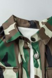 Green Casual Camouflage Print Patchwork Turndown Collar Short Sleeve Dress