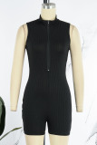 Black Casual Solid Patchwork Zipper Collar Skinny Rompers