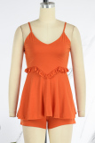 Orange Red Sexy Casual Solid Patchwork Backless Spaghetti Strap Sleeveless Two Pieces