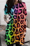 Fuchsia Casual Print Leopard Patchwork O Neck Irregular Dress Dresses