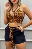 Brown Sexy Casual Print Leopard Backless Spaghetti Strap Sleeveless Two Pieces