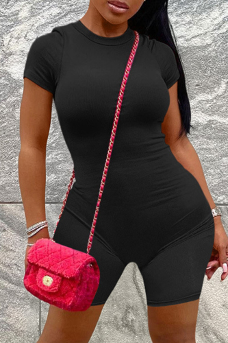 Black Casual Solid Patchwork O Neck Skinny Romper