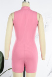 Pink Casual Solid Patchwork Zipper Collar Skinny Rompers