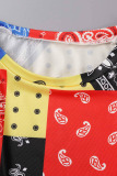 Red Casual Print Patchwork Draw String O Neck T-Shirts
