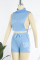 Sky Blue Casual Print Patchwork Turtleneck Sleeveless Two Pieces