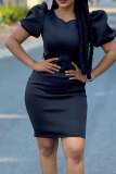 Black Casual Elegant Solid Patchwork O Neck One Step Skirt Dresses