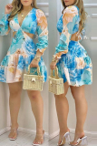 Blue Casual Print Hollowed Out V Neck Long Sleeve Dresses