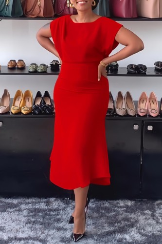 Red Casual Solid Backless O Neck Short Sleeve Dress Dresses