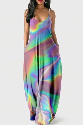 Pink Green Casual Print Patchwork Spaghetti Strap Sling Dress Dresses
